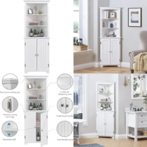 White Tall Corner Storage Cabinet for Bathroom, Kitchen, and Living Room
