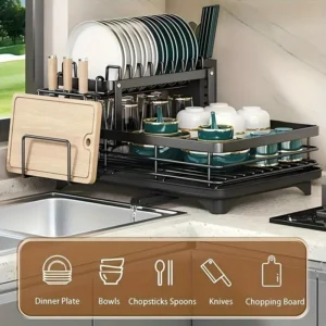 Double-Tier Extendable Dish Drainer with Utensil Rack