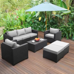 6-Piece Outdoor Patio Wicker Furniture Set with Grey Cushions